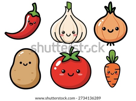 Adorable cartoon vegetables including a red pepper, garlic, onion, potato, tomato, and carrot, all with kawaii-style faces and vibrant colors.