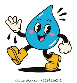 Adorable cartoon water drop character smiling and waving, with cheerful eyes and yellow boots, representing freshness, hydration, sustainability, or water conservation themes in fun branding.