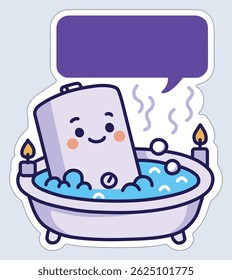 Adorable cartoon water heater relaxing in a hot bubble bath with steam and candles – cute home comfort sticker.