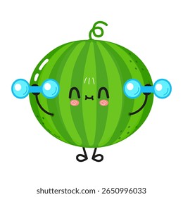 An adorable cartoon watermelon is lifting blue dumbbells with a happy expression, perfect for a fitness or healthy eating theme.