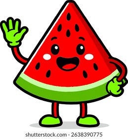 Adorable cartoon watermelon slice character with a happy face, waving hand, and cheerful smile. Bright red and green fruit mascot illustration perfect for food branding, summer themes, or educational 