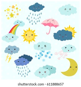 Adorable Cartoon Weather Forecast Icon Set. 