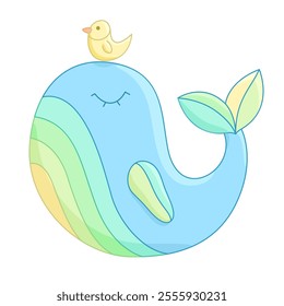  Adorable cartoon whale with a small yellow bird sitting on its head