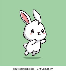 An adorable cartoon white bunny rabbit with pink ears and rosy cheeks is captured mid-hop against a simple green background, radiating joy and playfulness.