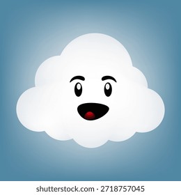 Adorable personaje de la nube esponjosa blanca de la historieta con una expresión emocionada feliz que flota contra un fondo azul degradado del cielo