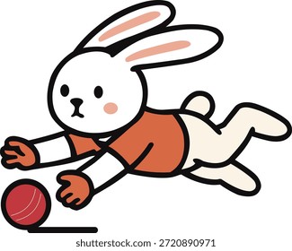 Adorable conejo blanco de dibujos animados jugando al cricket y buceando para atrapar una bola roja. Pose de la acción de un atleta del conejo en un equipo deportivo, Ilustración vectorial plana aislada en un fondo oscuro