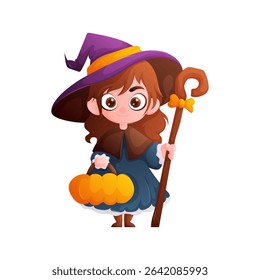Adorable cartoon witch in a purple hat and blue dress, holding a pumpkin basket and a magic staff. Perfect for Halloween illustrations and childrens books.