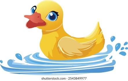 Adorable patito amarillo de dibujos animados con grandes ojos azules, salpicando en agua. Ilustración animal linda para los niños, perfecta para los libros de los niños, los materiales educativos, o los diseños lúdicos. Arte vectorial