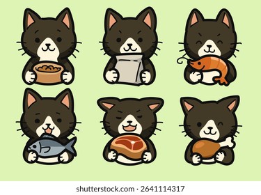 Adorable cartoon-style black cats holding different types of food . This vector illustration is perfect for pet-themed designs, educational materials, digital stickers, and children’s content.