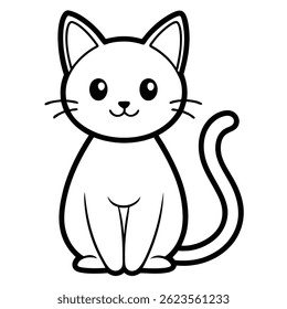 Adorable cartoon-style cat illustration in simple black and white line art vector