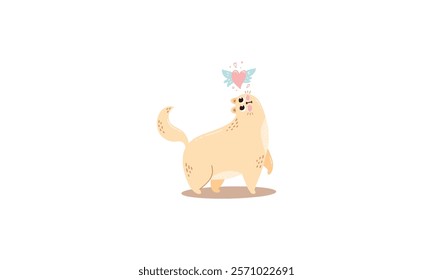 Adorable cartoon-style cat with a pink heart and wings above its head, symbolizing love and affection on a white background.