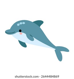 Adorable cartoon-style dolphin illustration in soft blue tones with a sweet smile and blushing cheeks. 