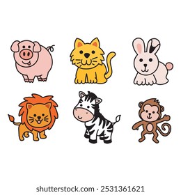 Adorables dibujos de estilo de dibujos animados de un cerdo, gato, conejo, león, cebra y mono, ideales para diseños de niños, libros o proyectos educativos.