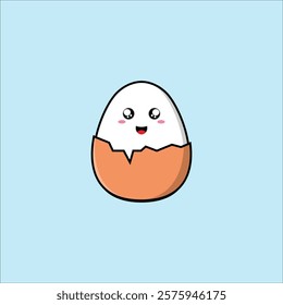 Adorable cartoon-style egg with a cheerful face, sitting in a cracked shell