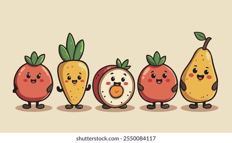 Adorables frutas al estilo de dibujos animados con caras alegres, que incluyen un tomate, piña, fruta de la pasión y pera, de pie en una alineación juguetona sobre un fondo beige.
