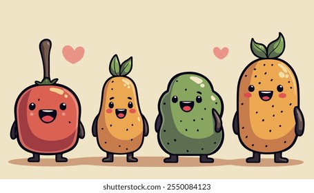 Adorables frutas al estilo de dibujos animados con caras alegres, que incluyen un tomate, piña, fruta de la pasión y pera, de pie en una alineación juguetona sobre un fondo beige.
