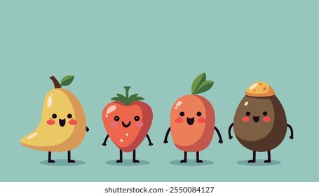 Adorables frutas al estilo de dibujos animados con caras alegres, que incluyen un tomate, piña, fruta de la pasión y pera, de pie en una alineación juguetona sobre un fondo beige.
