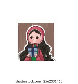 Adorable cartoon-style girl with long flowing hair, wearing a pink hooded outfit and holding a gift box. A heartwarming design ideal for storytelling, greeting cards, or character branding.