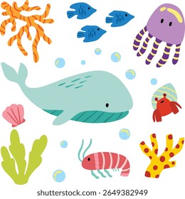 Adorable cartoon-style illustration featuring underwater animals like a whale, fish, jellyfish, crab, shrimp, seaweed, and colorful corals. Perfect for children's designs, educational materials, stick