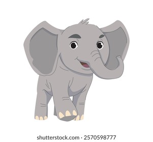 Adorable cartoon-style illustration of a young, smiling elephant with large ears and expressive features on a plain white background. Concept of wildlife and fun. Vector illustration.