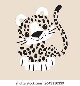 Adorable cartoon-style leopard character with black spots, big eyes, and a playful expression. Perfect for nursery prints, children's books, baby clothes, wall art, and educational materials.