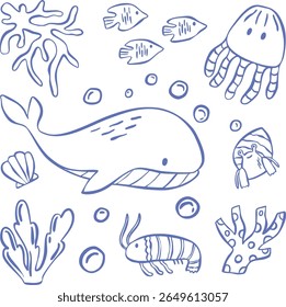 Adorable cartoon-style line art illustration featuring underwater animals like a whale, fish, jellyfish, crab, shrimp, seaweed, and colorful corals. Perfect for children's designs