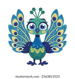 Adorable cartoon-style peacock with vibrant, colorful feathers displayed. Suitable for kids' content, wildlife, nature, and art projects emphasizing beauty and elegance