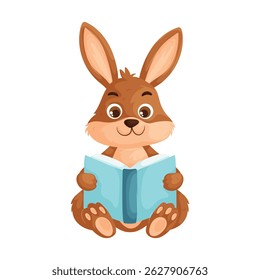 Adorable cartoon-style rabbit sitting while holding and reading a blue book, symbolizing curiosity, intelligence, and learning, isolated on white. Cute rabbit reading a blue book illustration
