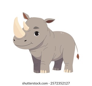 Adorable cartoon-style rhino with a friendly expression, standing on a white background. Perfect for children s content, animal-themed designs. Vector illustration