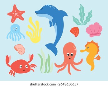 Adorable cartoon-style sea creatures and ocean plants, perfect for kids’ designs, educational materials, stickers, and underwater-themed projects.