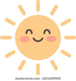 Adorable cartoon-style sun character with a happy smiling face. Perfect for children's products, weather-themed designs, educational materials, stickers, and digital content.