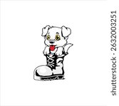 Adorable cartoon-style vector illustration of a fluffy white puppy with bright yellow eyes and a red tongue playfully sitting inside a large boot, isolated on a white background.