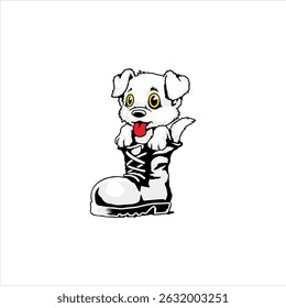 Adorable cartoon-style vector illustration of a fluffy white puppy with bright yellow eyes and a red tongue playfully sitting inside a large boot, isolated on a white background.