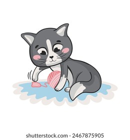 Adorable cat character playing with ball of yarn in cartoon style, funny pet. Happy cats day