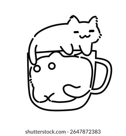 Adorable cat coffee style line art outline illustration. Simple cat cartoon 