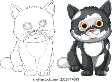 Adorable cat in color and outline versions