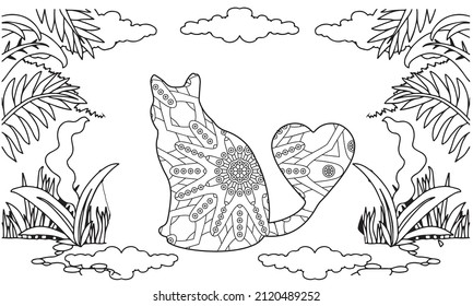 Adorable cat coloring page for Adults and Kids.Hand drawn cat. Sketch for anti-stress adult coloring book in zen-tangle style. Vector illustration for coloring page