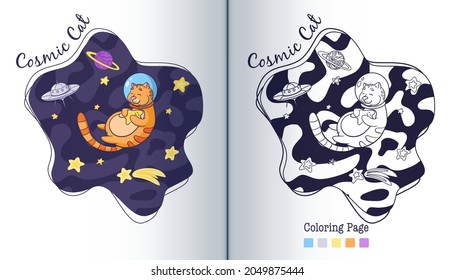 Adorable Cat Cosmonaut Hugging a Star Coloring Page. Cartoon Style. Hand Drawn animal astronaut with star children illustration. Premium Vector