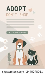 Adorable gato y perro, adoptar no comprar. Ilustración simple que pide la adopción de animales del refugio. Ayuda a los animales sin hogar concepto. Plantilla de banner vertical. Mascota sola esperando nuevo propietario. vector