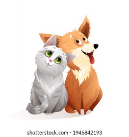 Adorable cat and dog friendship smiling looking with big eyes, funny and fluffy kitten and puppy sitting together mascot. Cute cat and dog vector illustration cartoon.