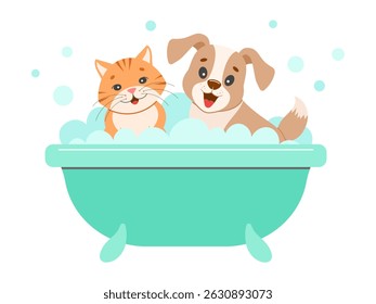 Adorable cat and dog taking a bubble bath together, perfect for pet care, grooming, or playful designs. cartoon style.