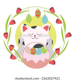Gato adorable con guirnalda de Pascua y cesta con huevos pintados sobre 