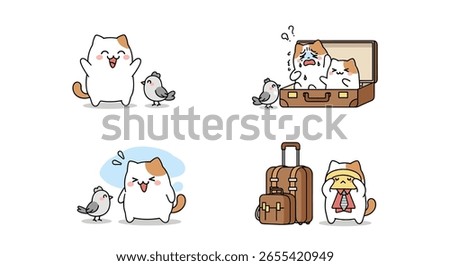 Adorable cat embarks on a joyful journey accompanied by a chirping bird