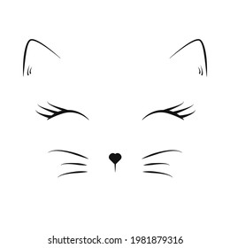 Adorable cat face. Black color on a white background. Vector illustration.