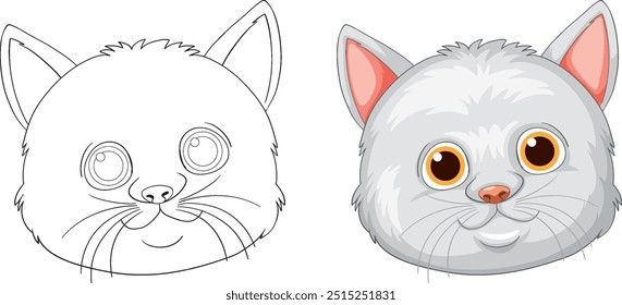 Adorable cat face in color and outline