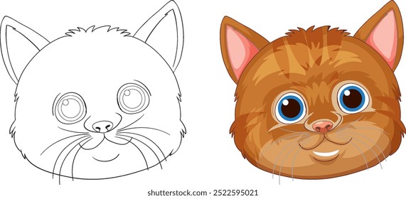 Adorable cat face in color and outline