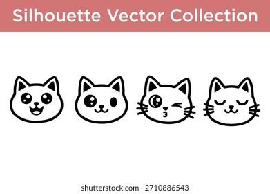 Adorables siluetas de cara de gato con varias expresiones, perfectas para proyectos de diseño.