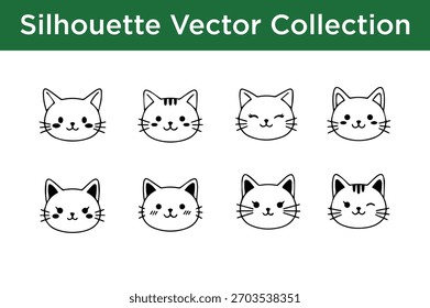 Silhuetas de rosto de gato adorável em uma coleção de vetores, perfeito para vários projetos de design.