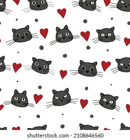 Adorable cat faces, red hearts and dots on isolated background. Love and Valentine's Day design. Grey, red and white vector seamless pattern. Simple and cute Scandinavian style hand drawn animal art