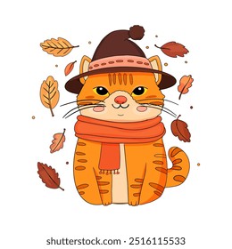 Adorable Cat in Fall Scarf and Hat with Autumn Leaves. Illustration of a charming rottweiler wearing a wizard hat and cloak, casting a fire spell.